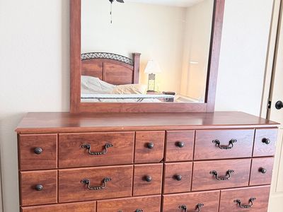 5' Wooden Bedroom Dresser with Attached Mirror & Wrought Iron Detail
