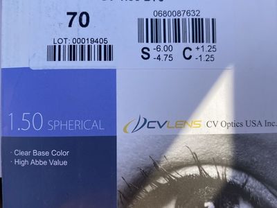 CVLENS SV 1.50 D70 Spherical Contact Lenses -6.00 S, -4.75 C, +1.25. 500 count