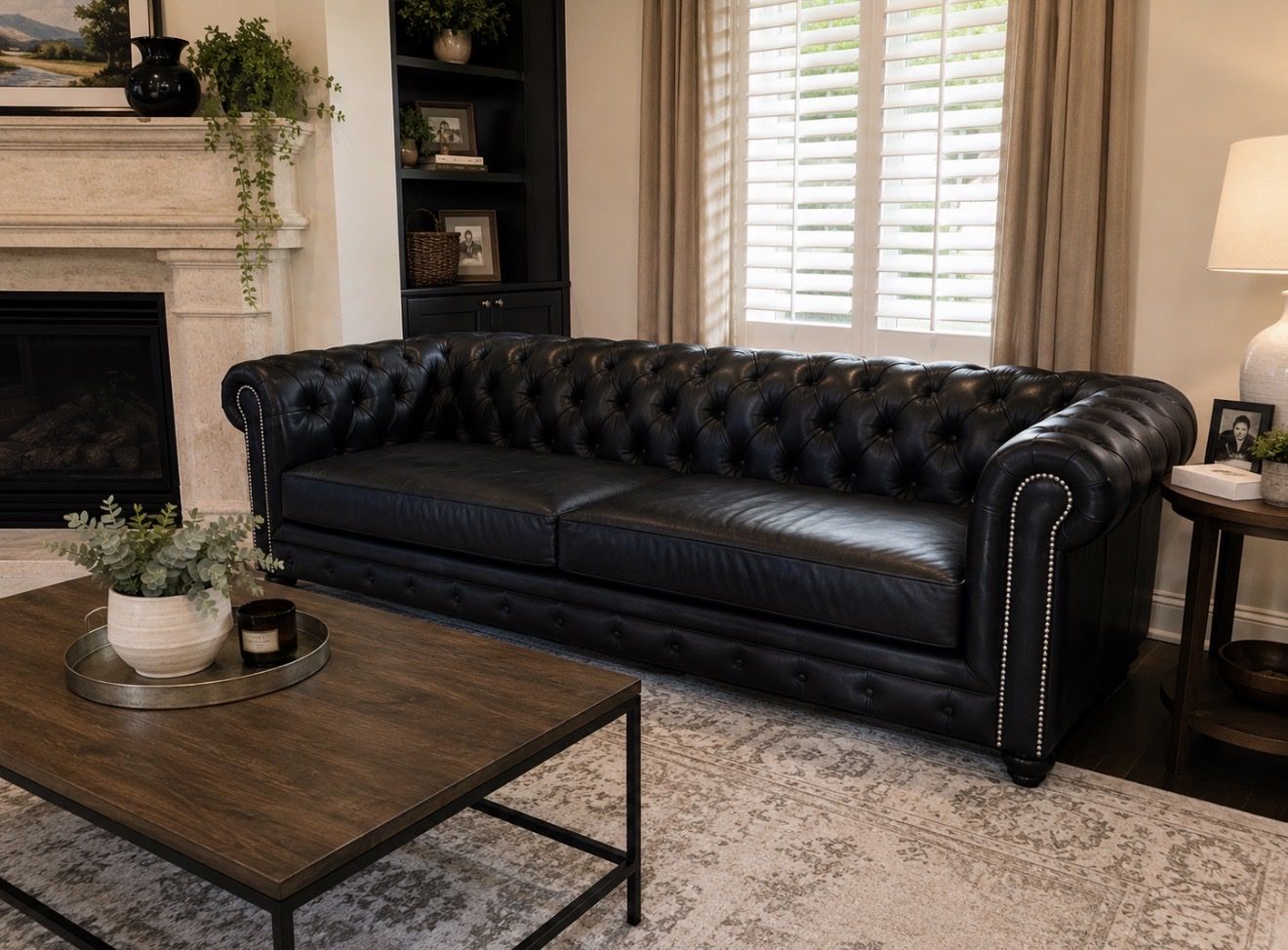 Bradington-Young 108" Black Genuine Leather Chesterfield Sofa - Parade of Homes Designer Piece