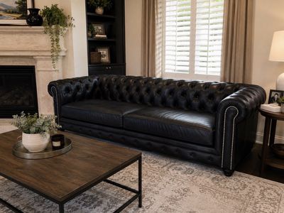 Bradington-Young 108" Black Genuine Leather Chesterfield Sofa - Parade of Homes Designer Piece