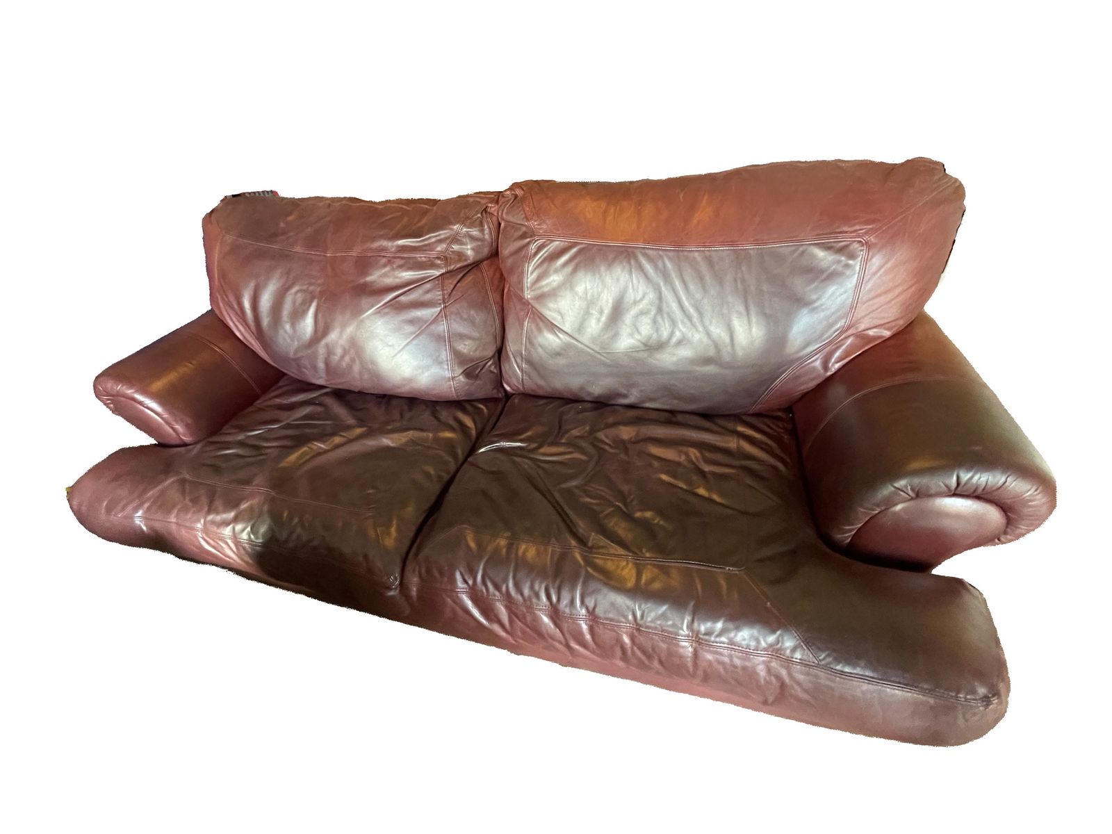 Genuine Burgundy Leather Sofa (Cushions Need Stuffing)