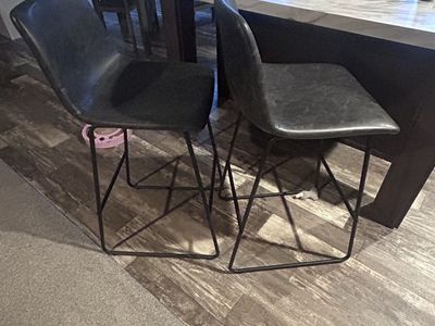 2 Black Faux Leather Counter Stools - Modern Industrial Design, Sturdy Metal Base