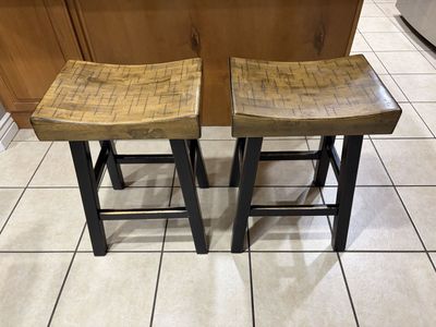 Pair of Wooden Saddle Seat Bar Stools, Counter Height, Black Wooden Legs