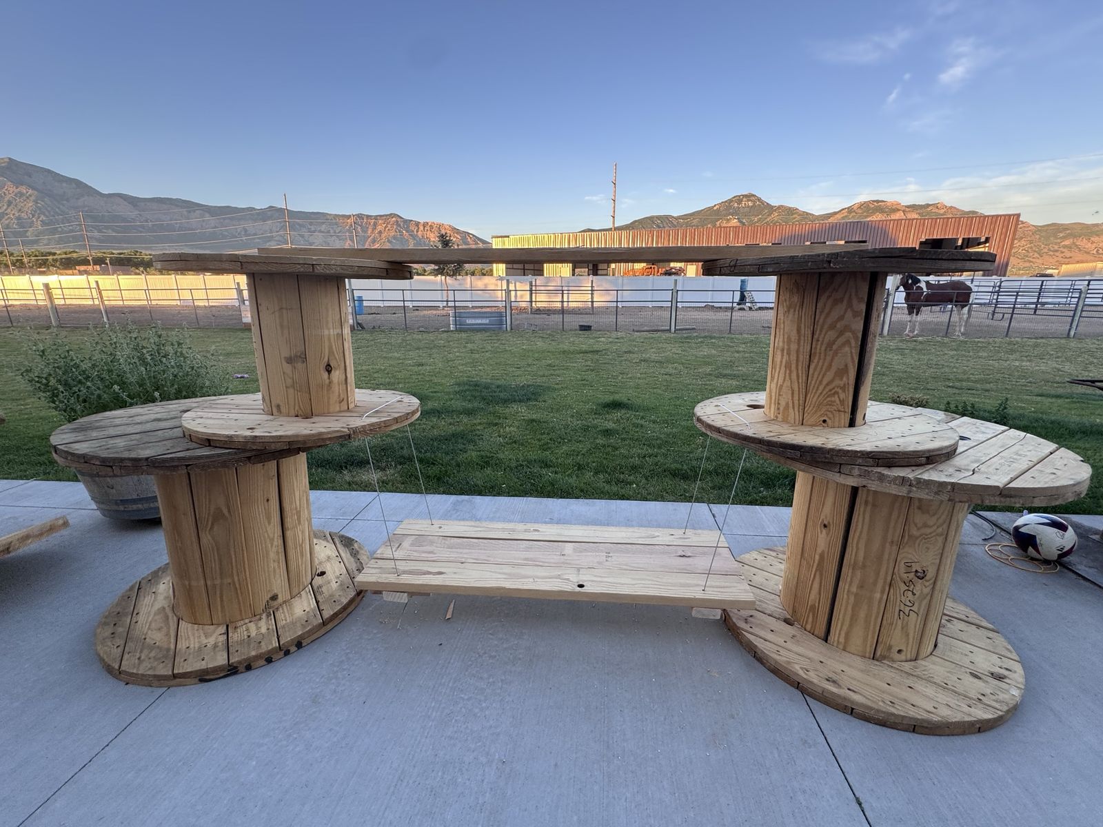 New Goat Play structure with a swing, and planks to walk to and from on.