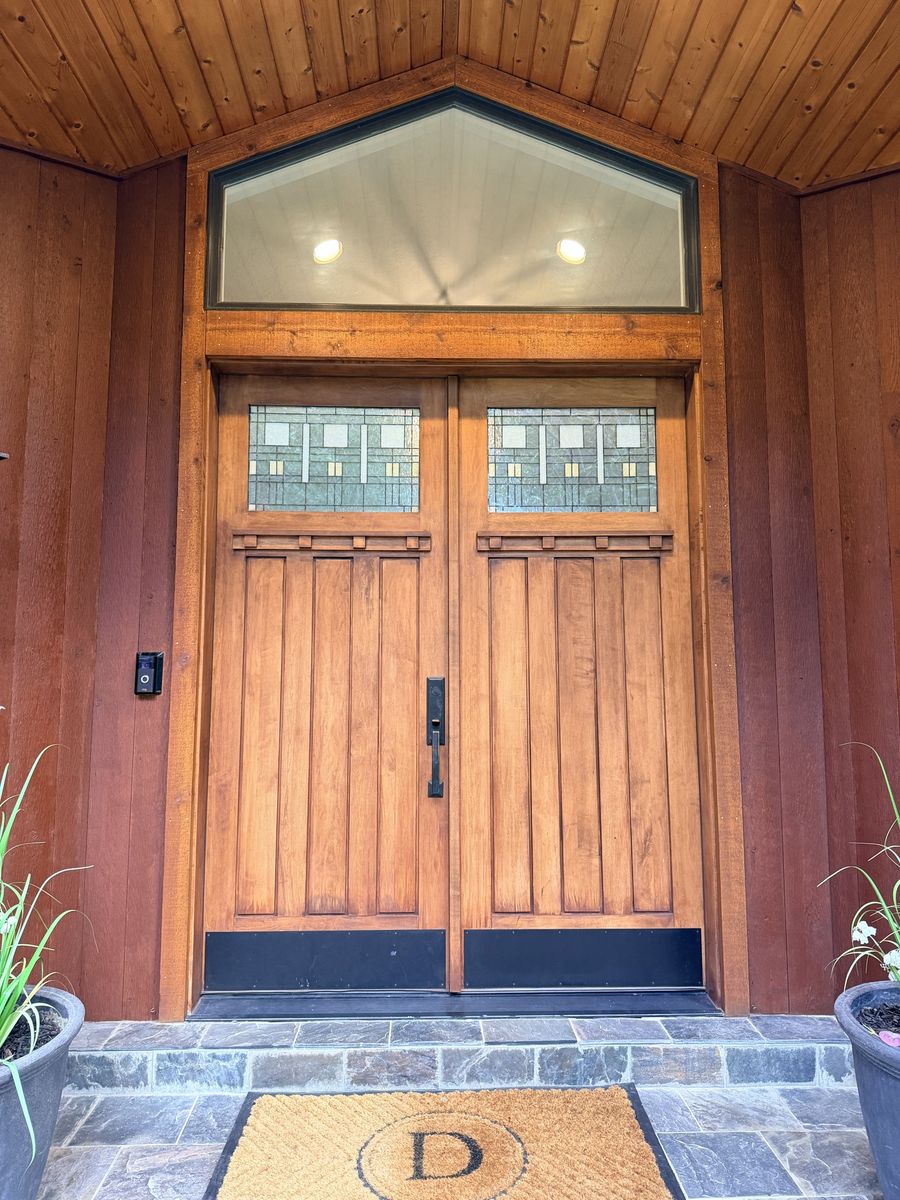 Oversized Solid Wood Double Entry Doors with Custom Leaded Glass – 72” x 91”