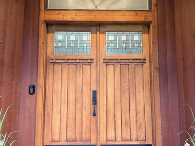 Oversized Solid Wood Double Entry Doors with Custom Leaded Glass – 72” x 91”