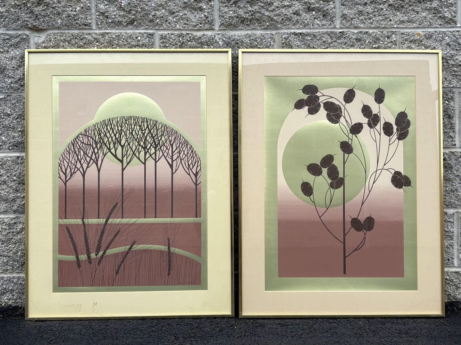 Stunning, large, vintage framed prints mid century modern, art deco, MCM.  Windsor Art Gold golden metallic 26x34