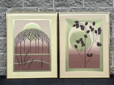 Stunning, large, vintage framed prints mid century modern, art deco, MCM. Windsor Art Gold golden metallic 26x34