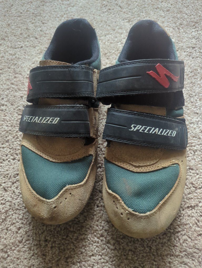 Specialized Cycling Shoes - Tan/Green with Velcro Straps - Used Condition