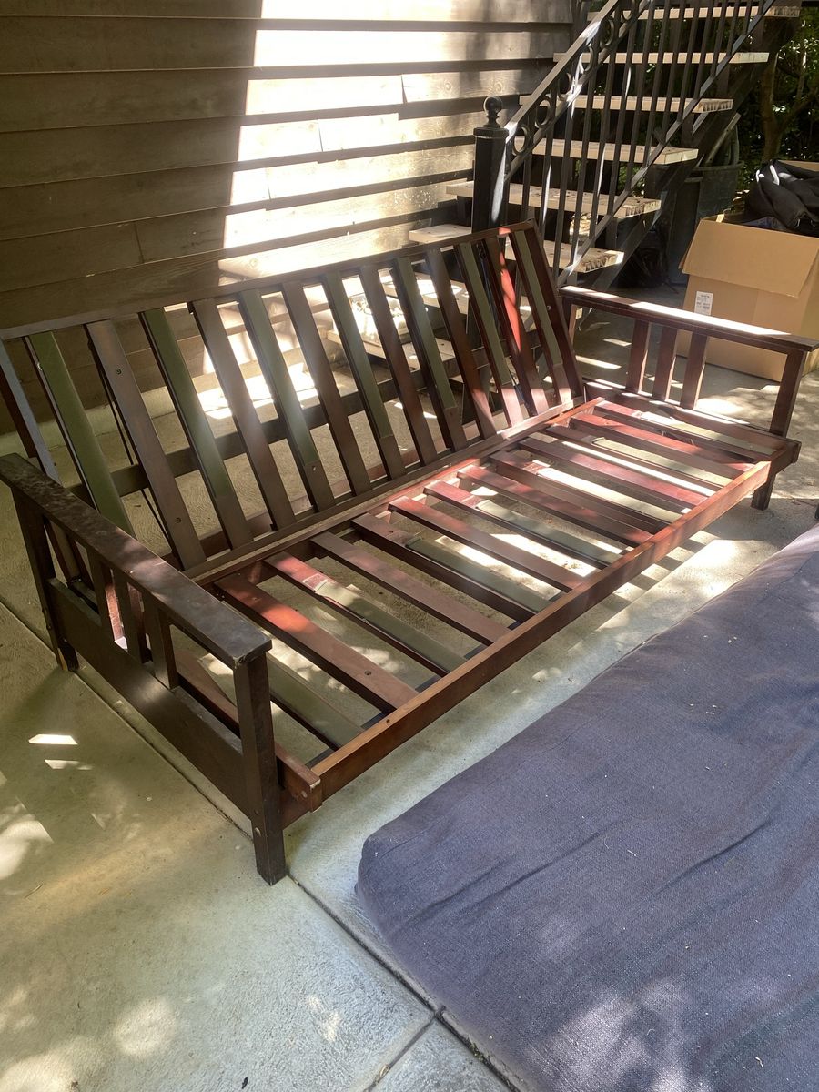 Wooden Futon Frame with Blue Gray Mattress