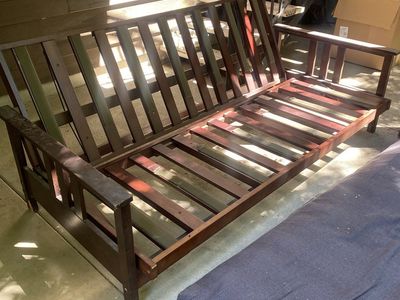 Wooden Futon Frame with Blue Gray Mattress