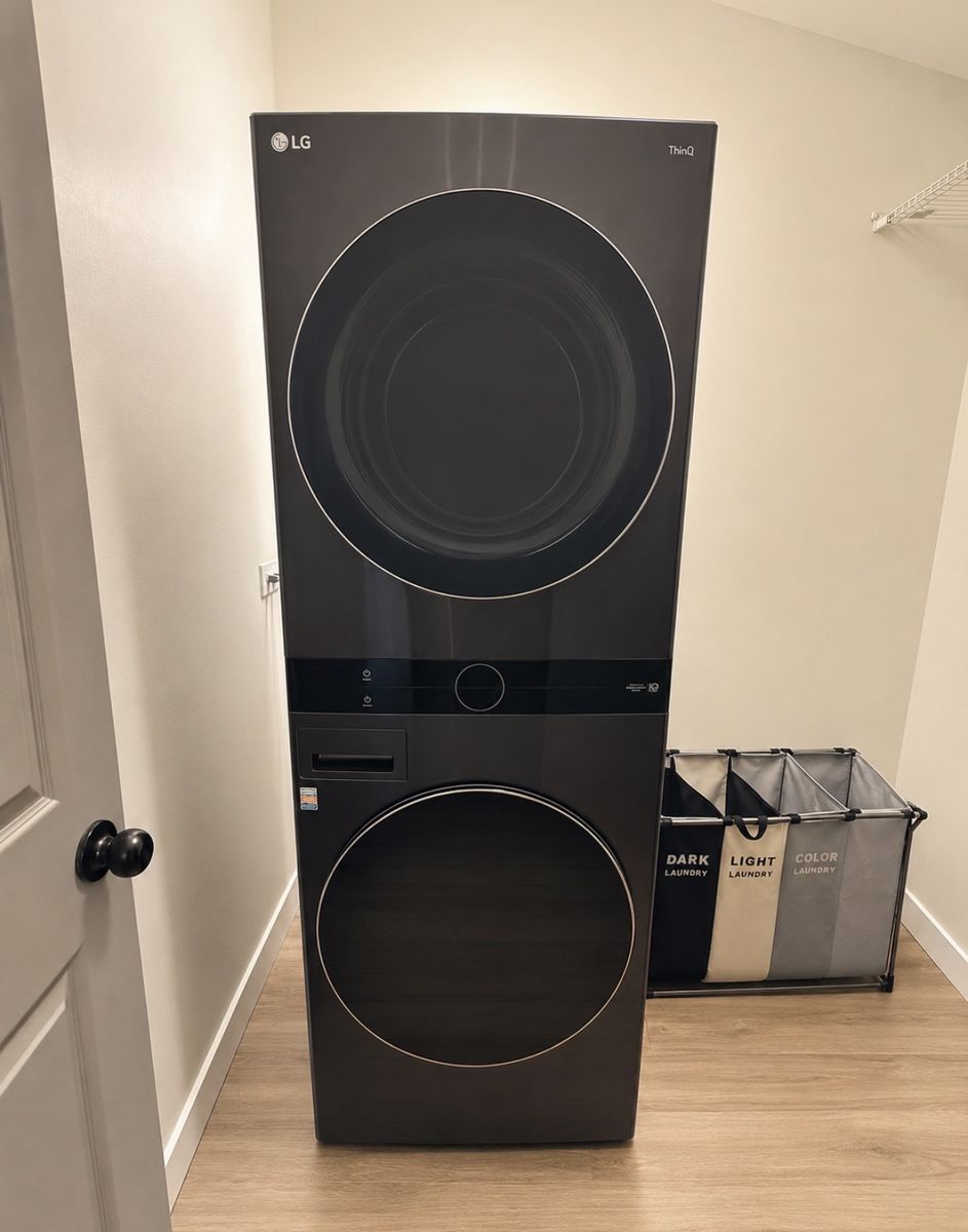 LG ThinQ Stackable Front Load Washer & Dryer Set - Black Steel, Modern & Efficient Laundry. Gas.