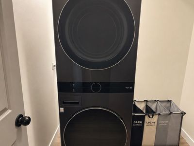 LG ThinQ Stackable Front Load Washer & Dryer Set - Black Steel, Modern & Efficient Laundry. Gas.