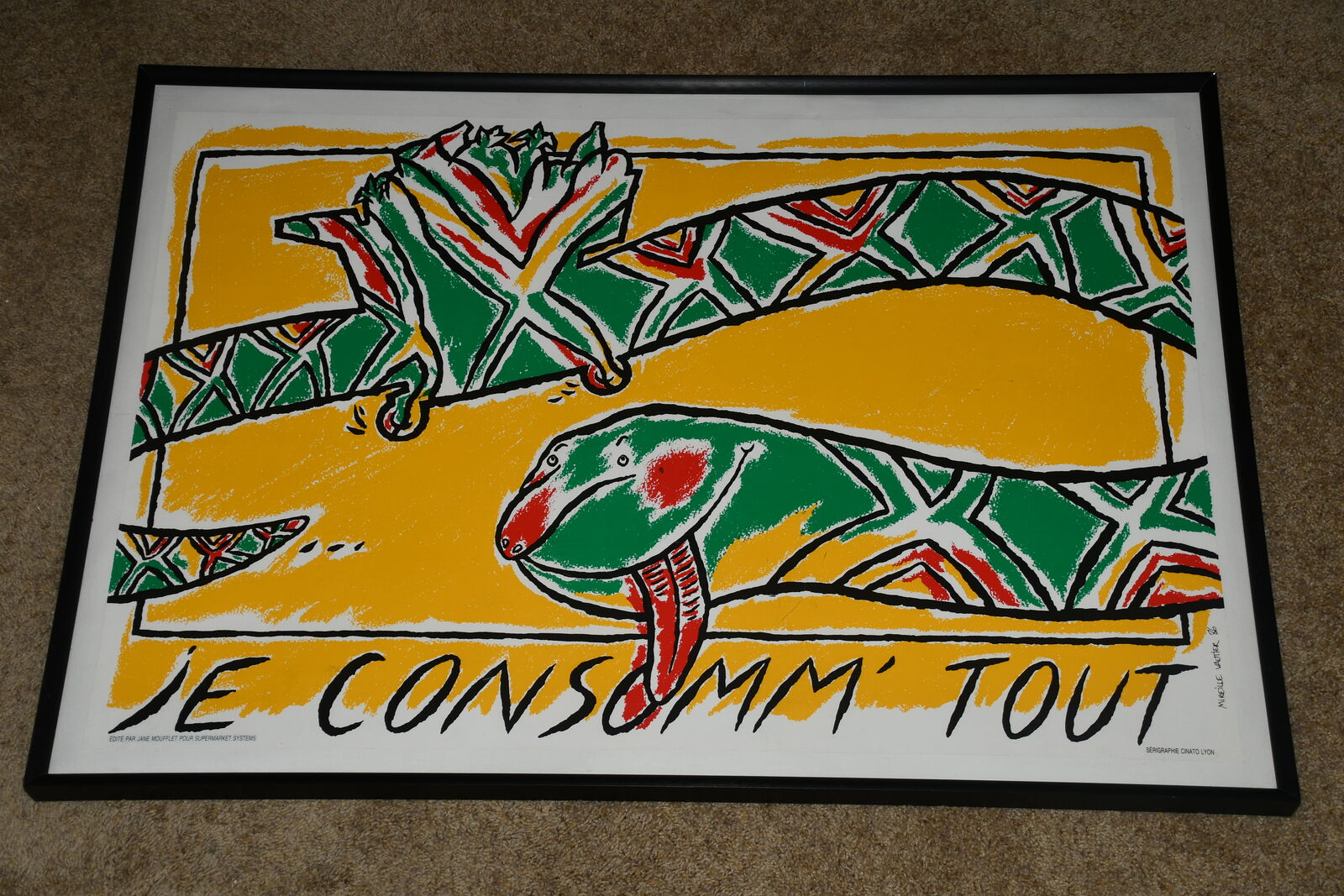 LARGE 26" x 37" "SNAKE" PICTURE ~ MIREILLE VAUTIER '86 ~ SERIGRAPHIE CINTO LYON