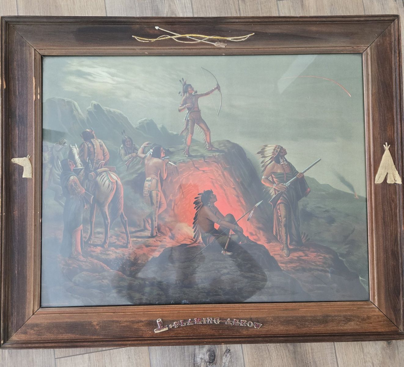 Rare 1904 Antique Native American Print "The Flaming Arrow" by A.D.M. Cooper - Original Carved Frame