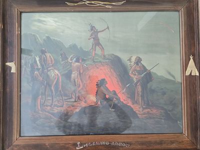 Rare 1904 Antique Native American Print "The Flaming Arrow" by A.D.M. Cooper - Original Carved Frame