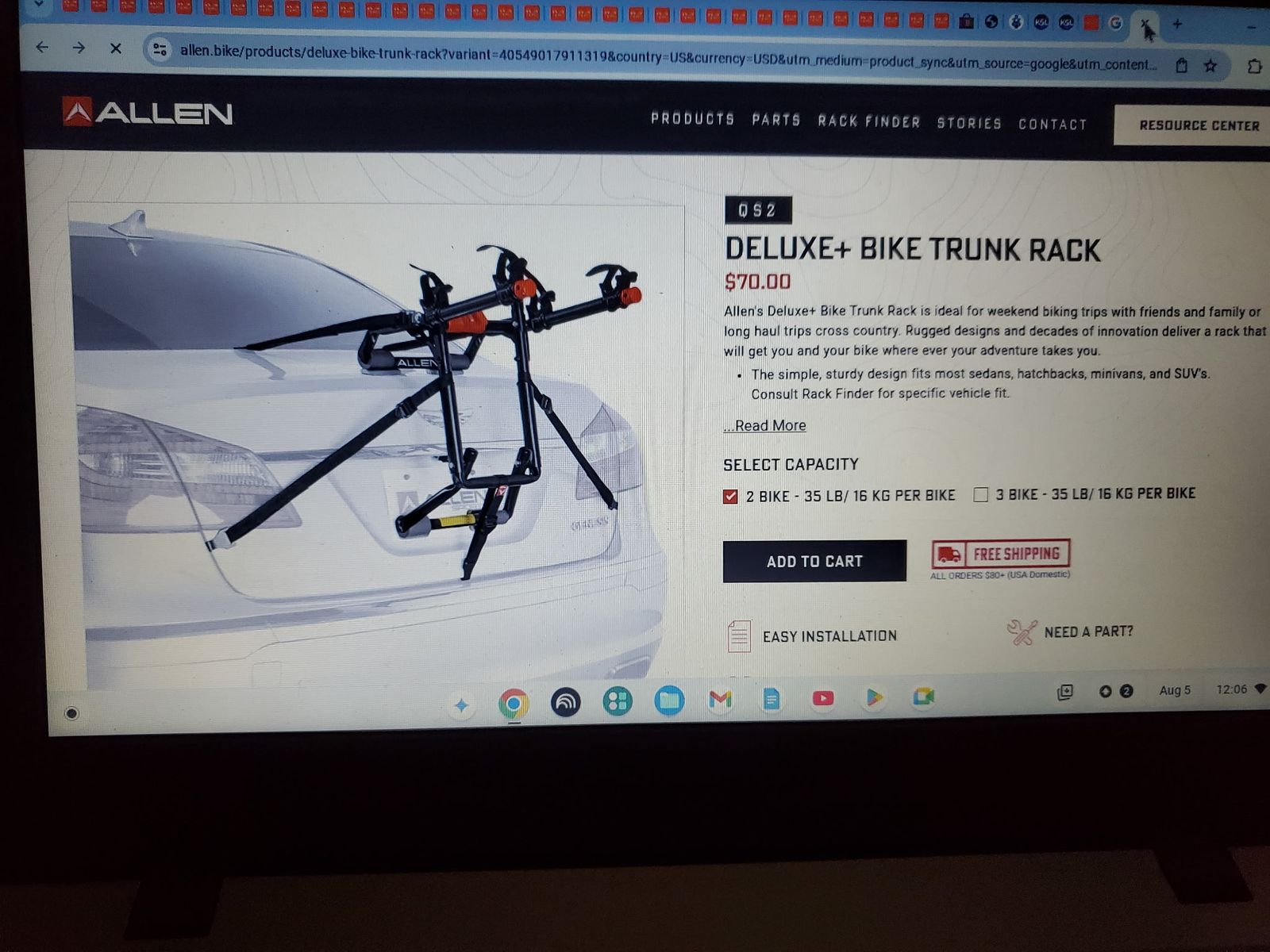 New Allen Sports Deluxe+ 2-Bike Trunk Mount Rack Model 102DN