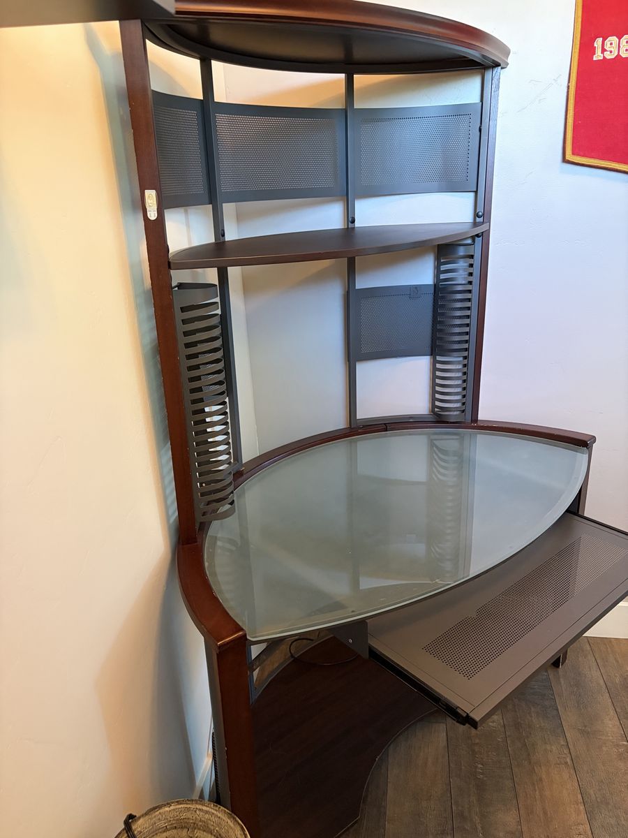 Modern Corner Office Desk with Glass Top, Hutch, and Keyboard Tray