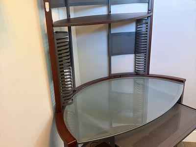 Modern Corner Office Desk with Glass Top, Hutch, and Keyboard Tray