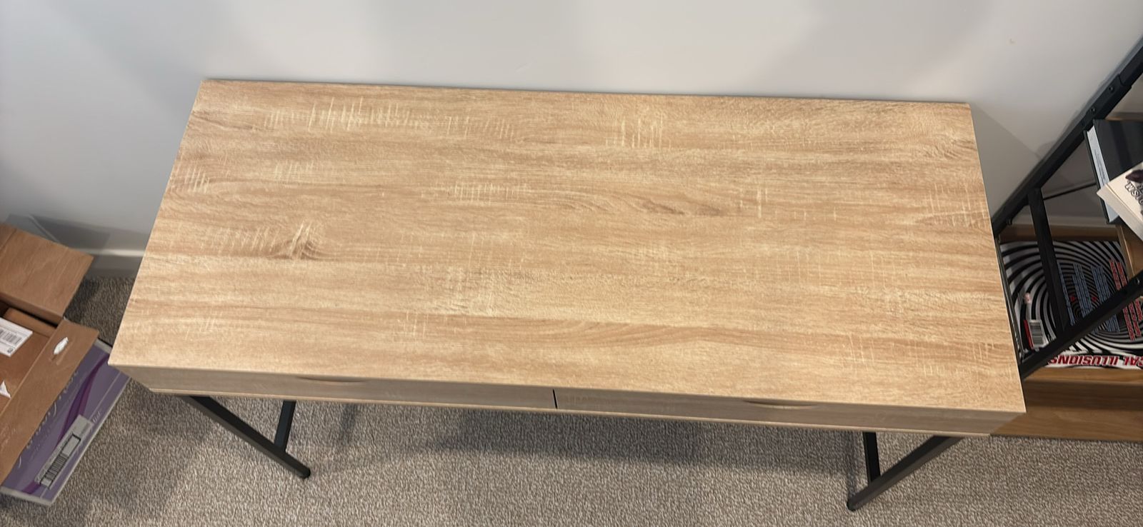 Modern Wood Grain Desk with 2 Drawers - Light Brown & Black Metal Legs
