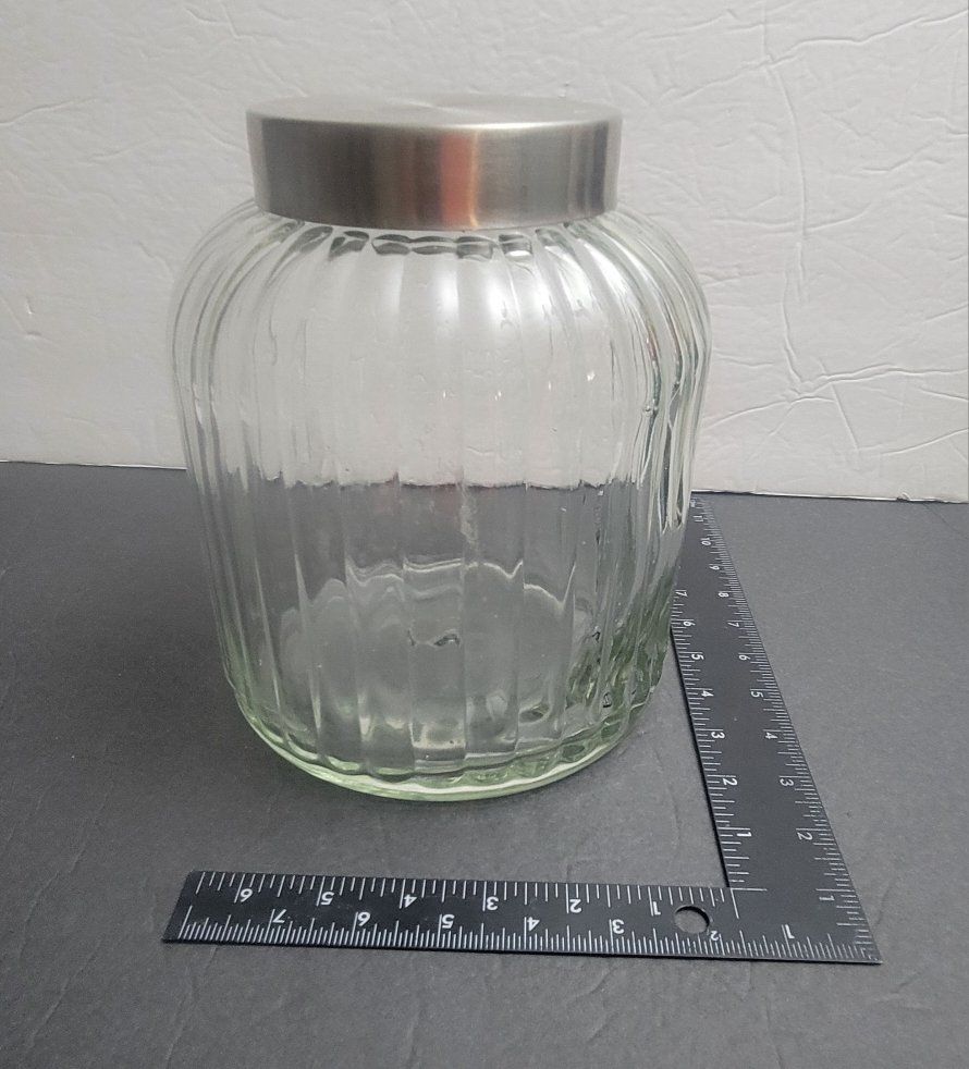 Clear Ribbed Glass Storage Jar with Metal Lid