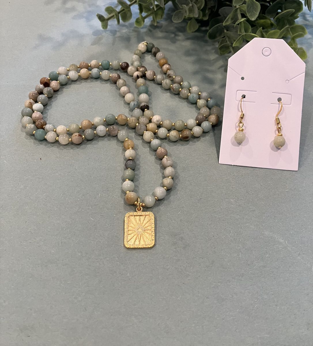 Beaded Amazonite Gemstone Necklace & Matching Drop Style Earrings