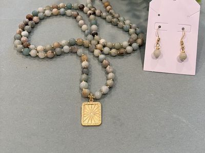 Beaded Amazonite Gemstone Necklace & Matching Drop Style Earrings