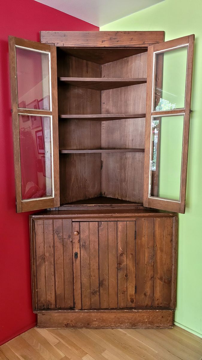 Antique Rustic Corner Cabinet with Glass Doors
