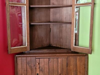 Antique Rustic Corner Cabinet with Glass Doors