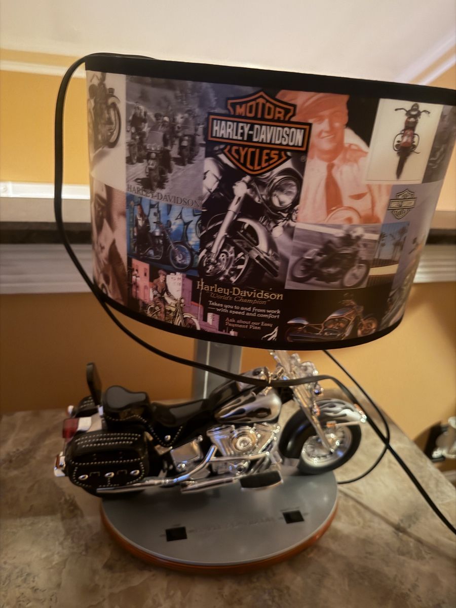 Vintage Harley-Davidson Motorcycle Table Lamp with Photo Collage Shade