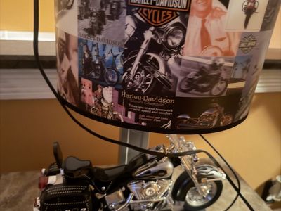 Vintage Harley-Davidson Motorcycle Table Lamp with Photo Collage Shade