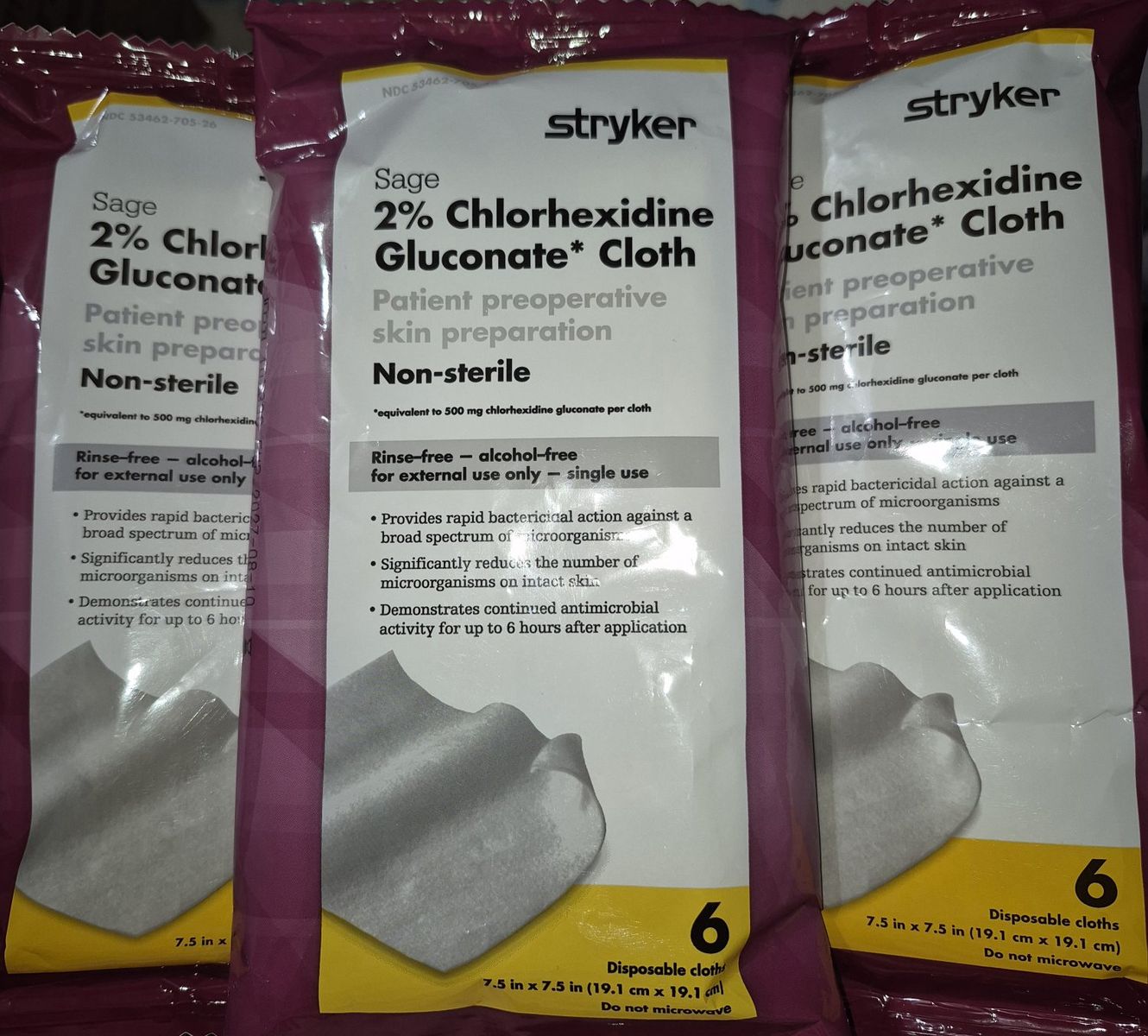 3 Packs Stryker Sage 2% Chlorhexidine Gluconate Cloths Patient Preoperative Skin Preparation Cleaning Wipes