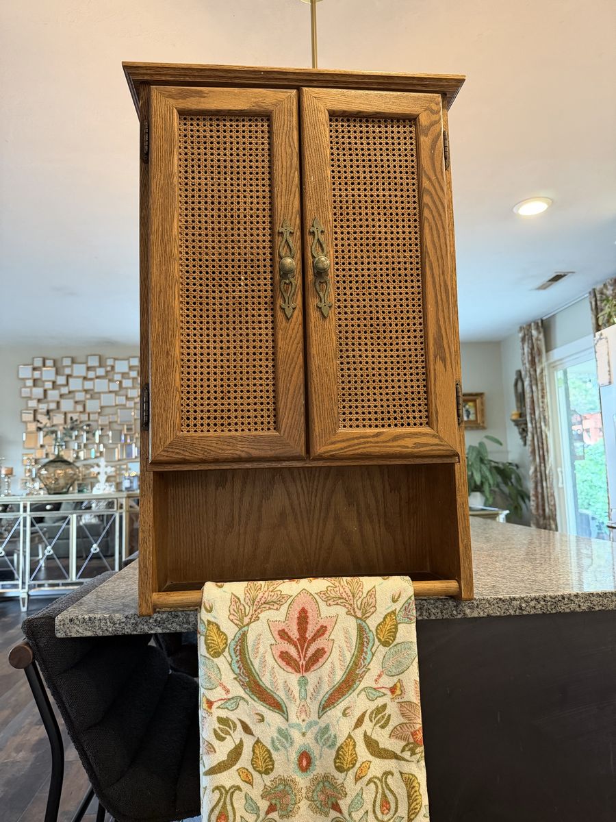 Vintage Oak Wood Wall Cabinet with Cane Doors and Towel Bar