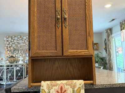 Vintage Oak Wood Wall Cabinet with Cane Doors and Towel Bar