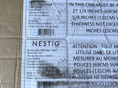Nestig Wave Convertible Crib White - Model 1312, New in Box, Manufactured 03/2026, TSCA VI Compliant
