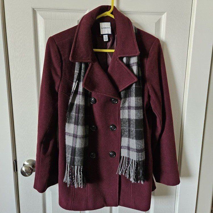 X-Lg Croft & Barrow Maroon Wool Blend Pea Coat with Gray Plaid Scarf