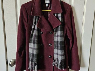 X-Lg Croft & Barrow Maroon Wool Blend Pea Coat with Gray Plaid Scarf