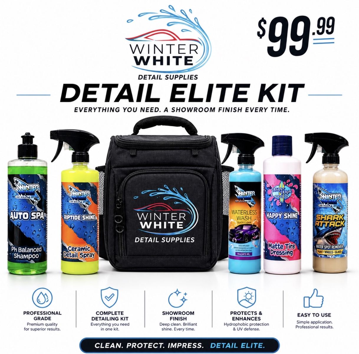Winter White Detail Elite Kit Car Cleaning & Auto Detailing Set with Carrying Bag