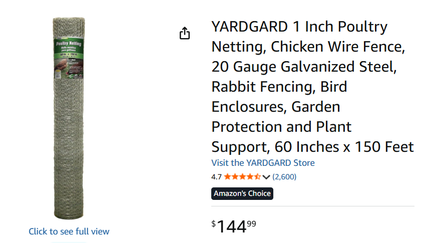 YardGard 60" x 150' 20-Gauge Galvanized Steel Chicken Wire - 1 in. Mesh