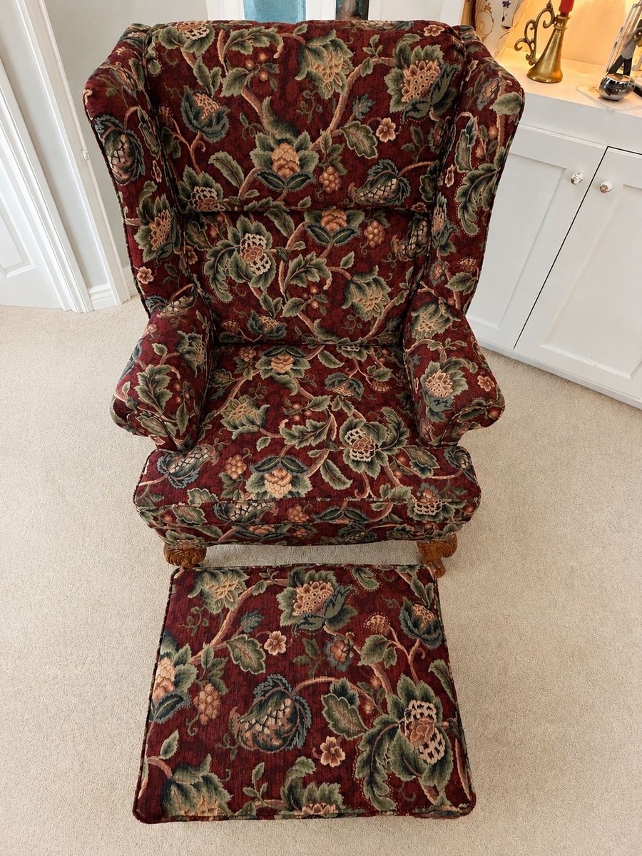Wingback Armchair & Ottoman Set - Floral Upholstery, Carved Wooden Legs, Excellent Condition