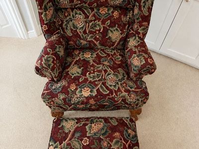 Wingback Armchair & Ottoman Set - Floral Upholstery, Carved Wooden Legs, Excellent Condition