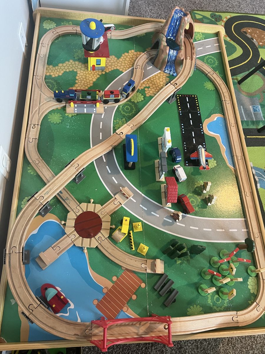 KidKraft Wooden Train Table and Activity Set with Track and Storage Bins