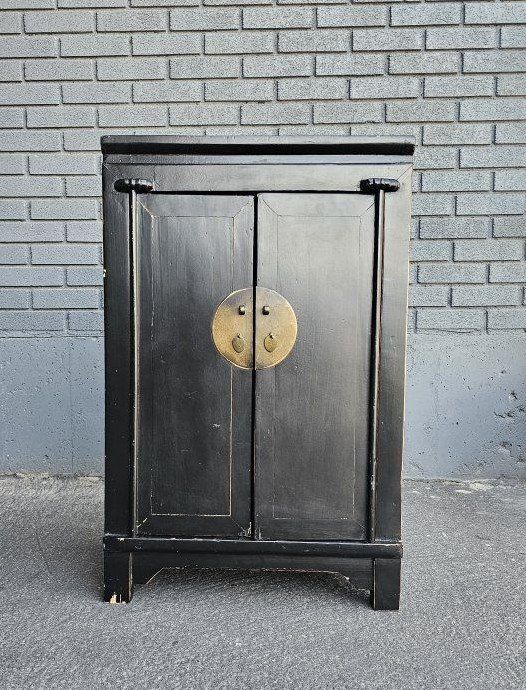 Vintage Black Lacquer Wood 2-Door Cabinet with Drawers - Small Storage Furniture