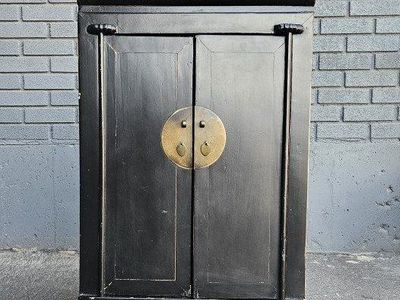 Vintage Black Lacquer Wood 2-Door Cabinet with Drawers - Small Storage Furniture