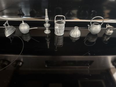 Vintage Pewter Dollhouse Miniatures - 6 Piece Set (Iron, Kettle, Lantern, Watering Can, Jug)