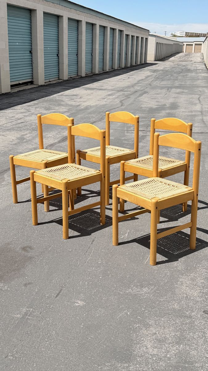 Vintage Birch Maple Woven Seat Curved Back Dining Chairs - Set of 5
