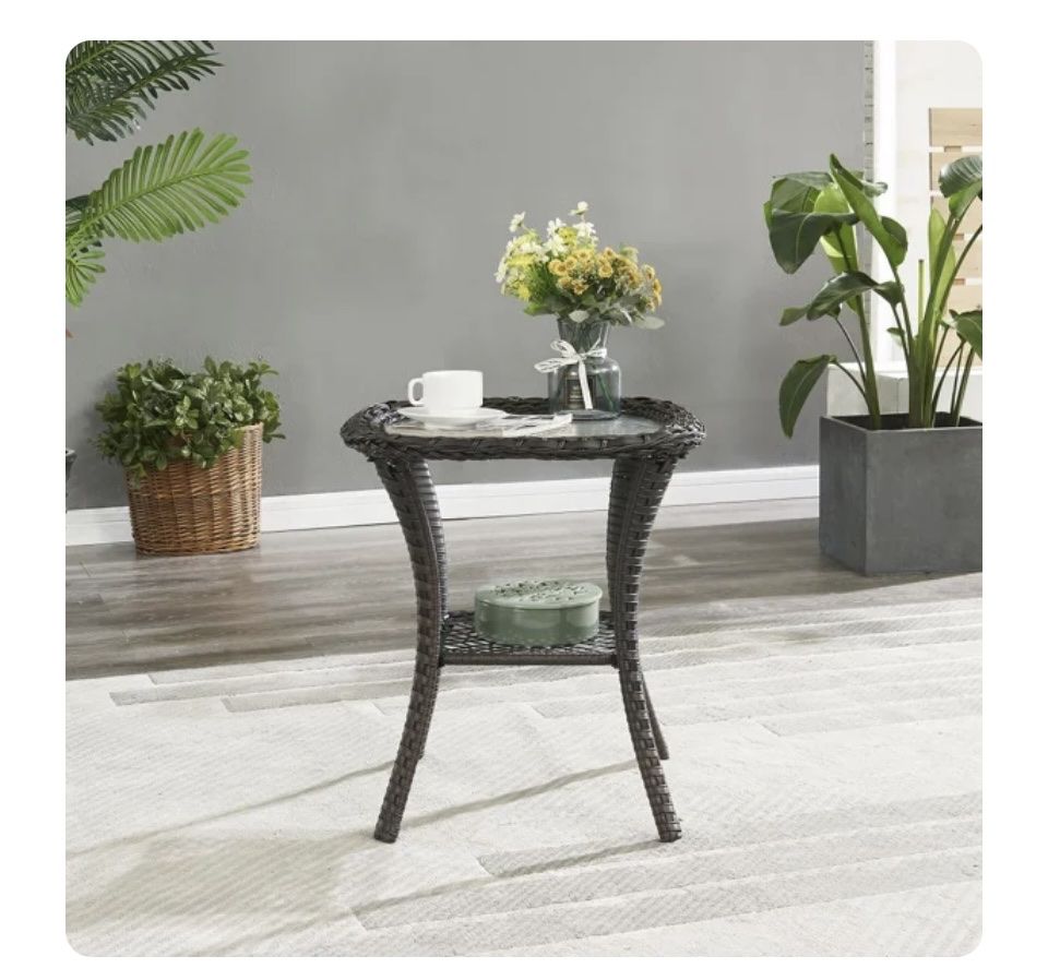 Round Outdoor Wicker Side Table with Glass Top and Storage Shelf - Dark Brown