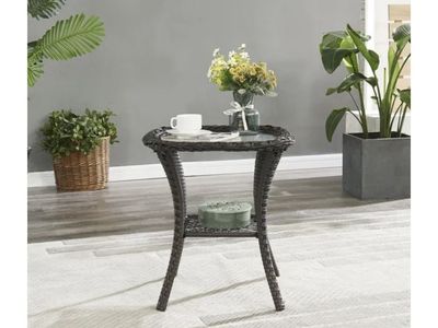 Round Outdoor Wicker Side Table with Glass Top and Storage Shelf - Dark Brown