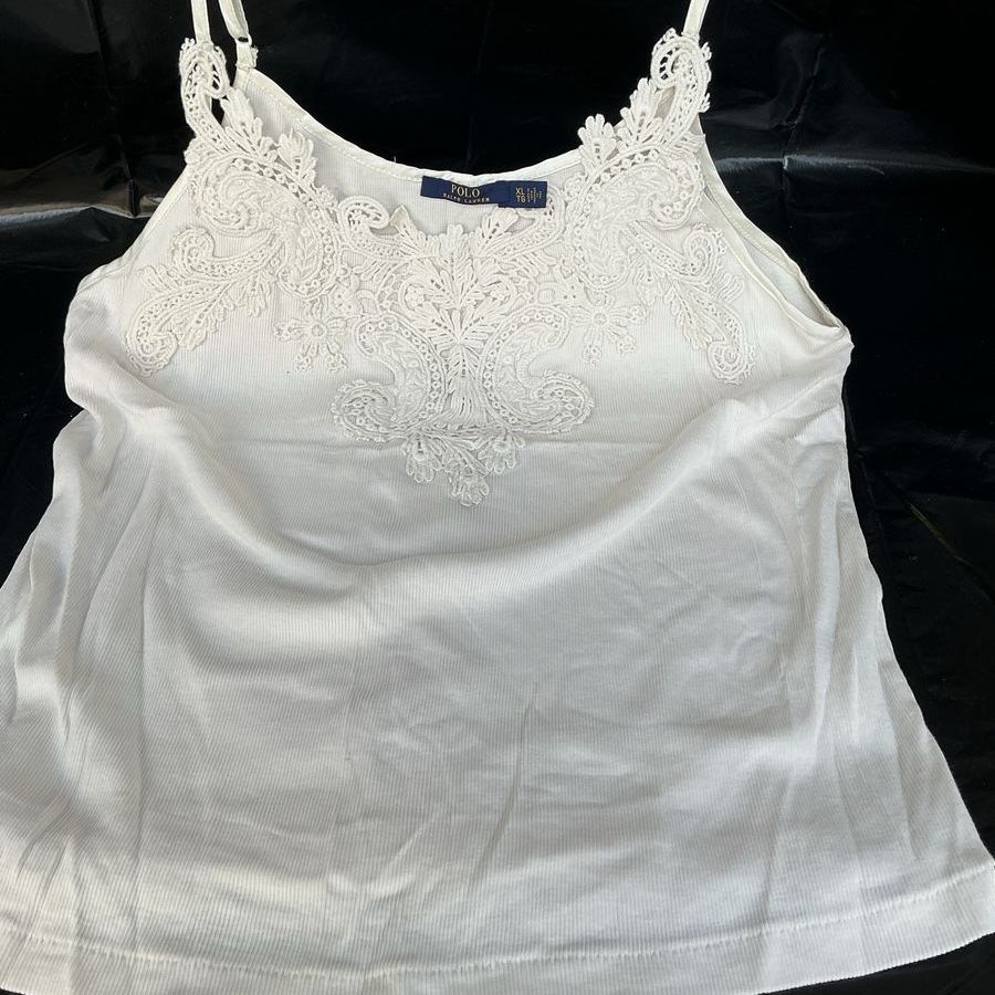 Polo Ralph Lauren White Ribbed Lace Trim Cami Top XL Adjustable Straps
