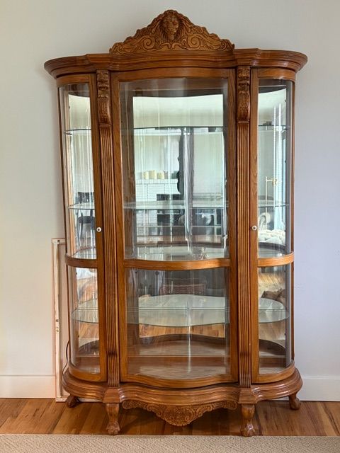 CHINA CABINET HAND CARVED CURVED GLASS